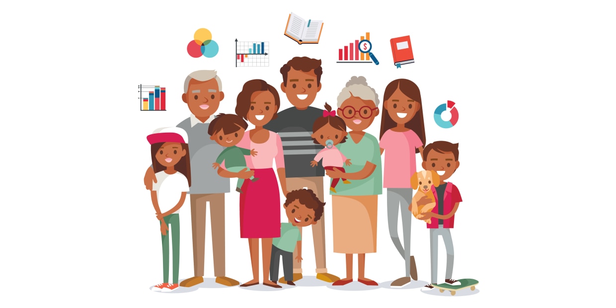 An illustration of a multigenerational family of 10 standing together. Graphs, charts, and other financial imagery are placed above them.