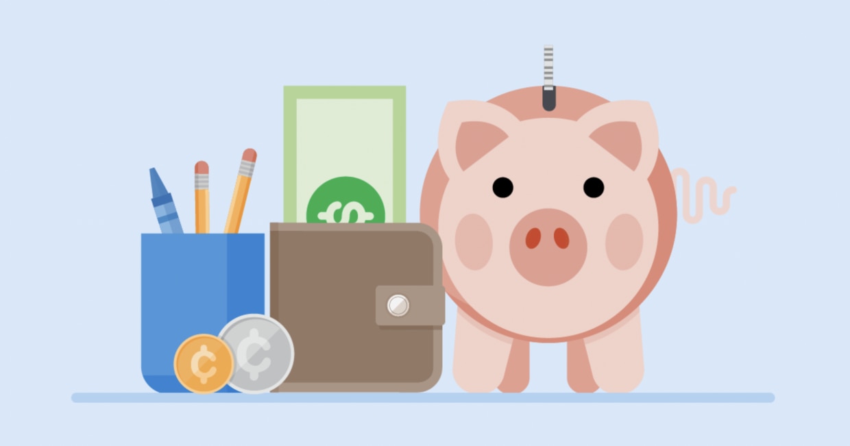 An illustration of a piggy bank, money, a wallet, and a pen holder.