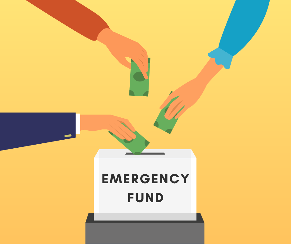 An illustration of three hands placing dollar bills into a box labeled “emergency fund”.