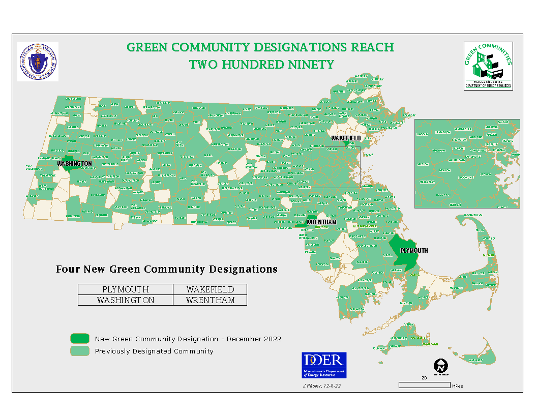 Map of state showing 290 municipalities designed as Green Communities