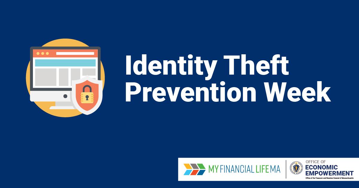 An illustration of a computer screen with text on the right of the image reading: Identity Theft Prevention Week.