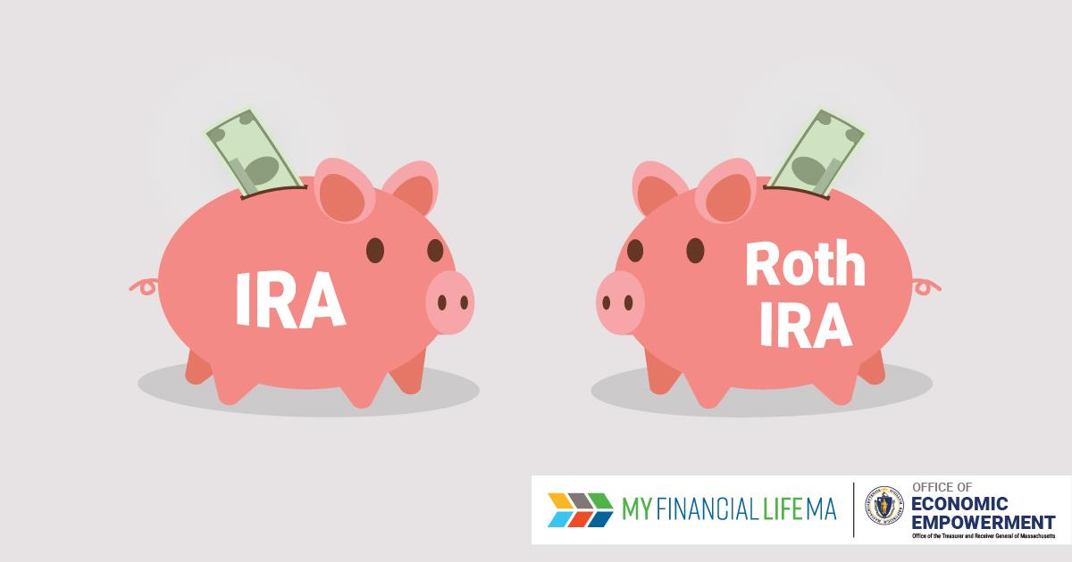 Two piggy banks with dollars going into them with text reading: IRA. Roth IRA. MyFinancialLifeMA. Office of Economic Empowerment