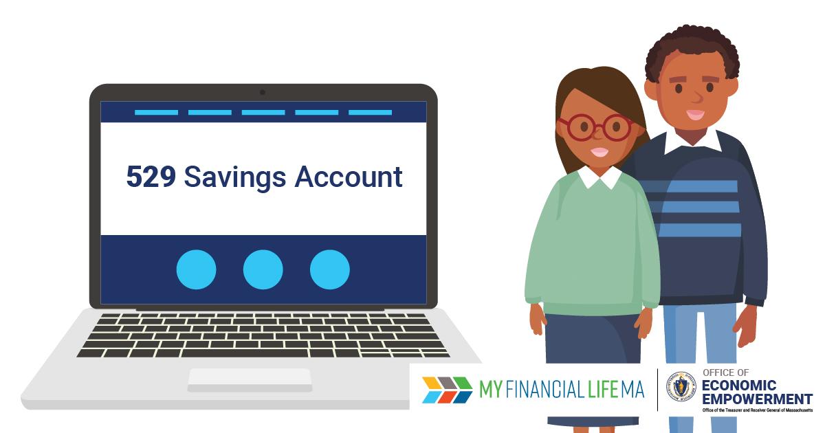 An illustration of a couple standing next to a laptop reading: 529 Savings Account. Text on the bottom of the image reads: MyFinancialLifeMA. Office of Economic Empowerment.