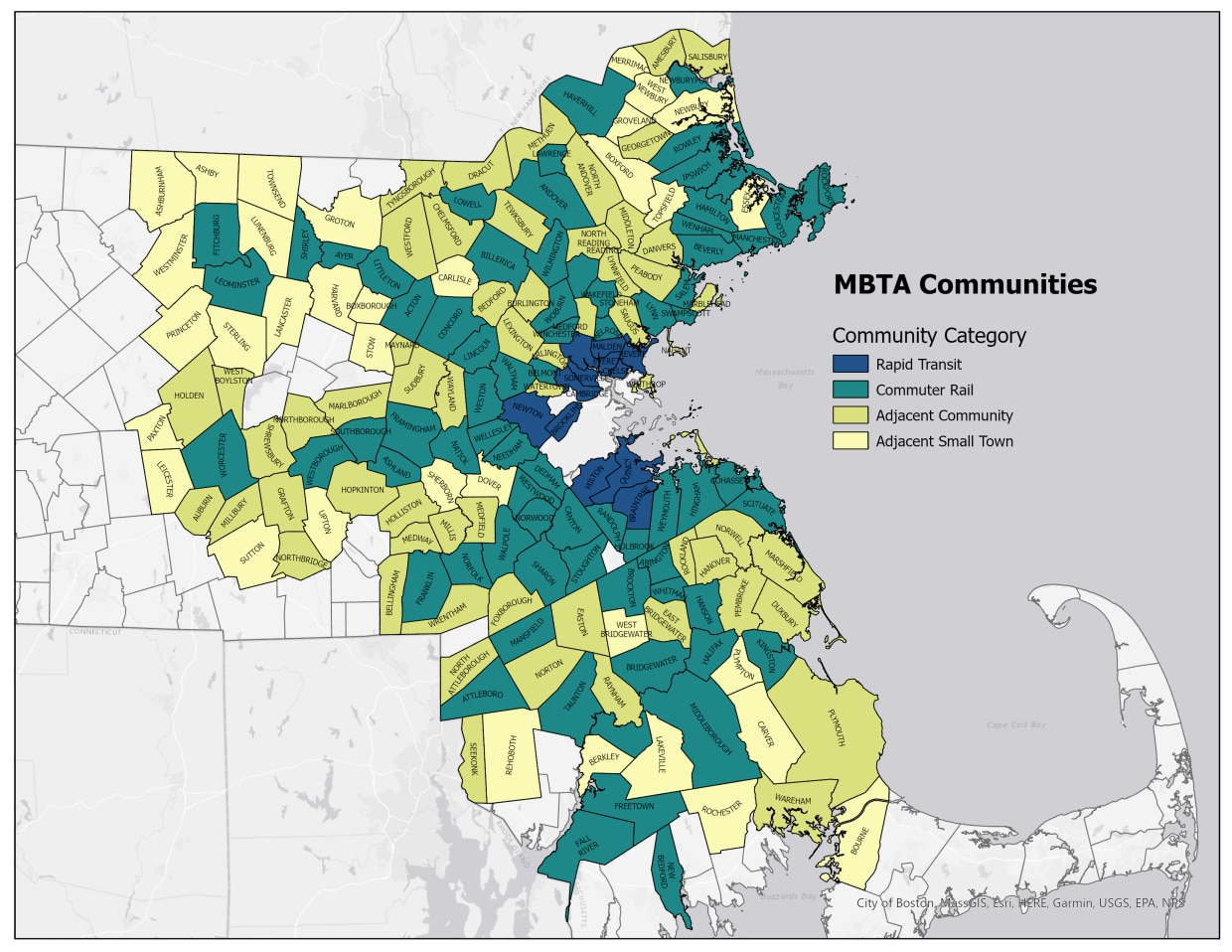 Map of all 177 MBTA communities pictured by category.