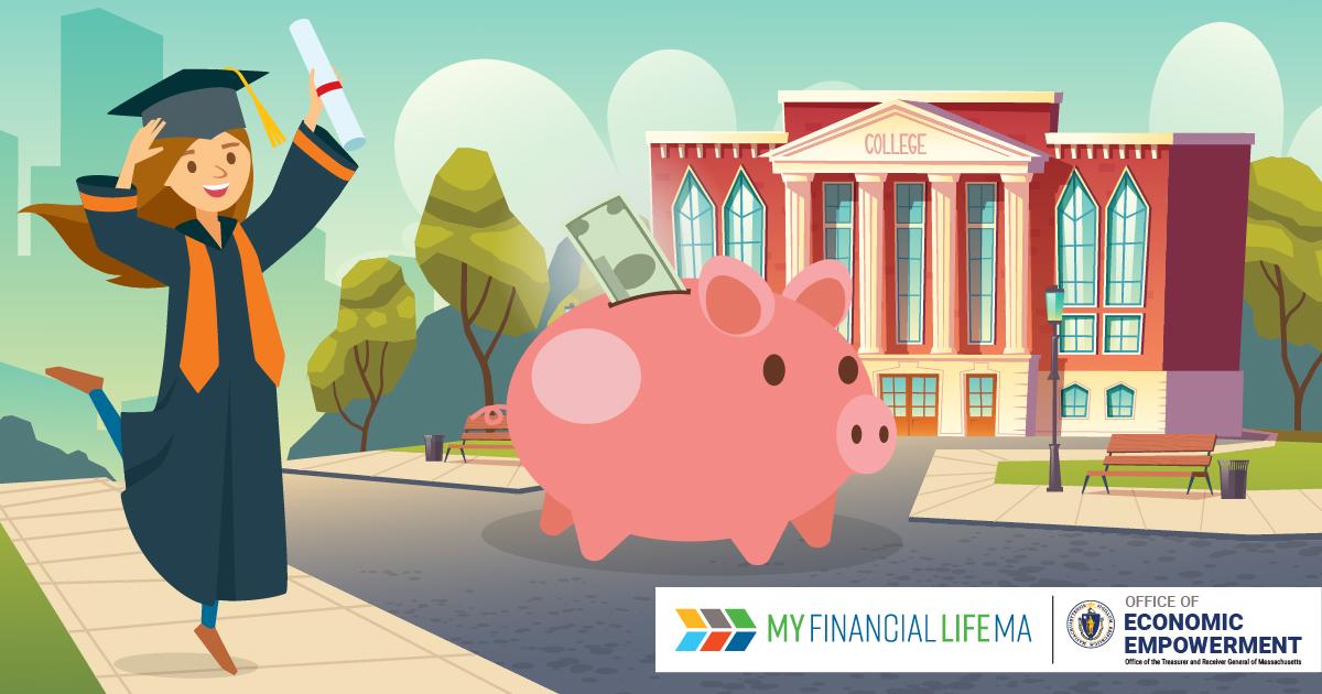 An illustration of a student in a graduation cap and gown holding a degree next to a piggy bank, both in front of a college building. Text on the bottom of the image reads: MyFinancialLifeMA. Office of Economic Empowerment.
