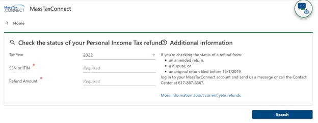 preview of the MassTaxConnect webpage for the Check the Status of your Refund tool