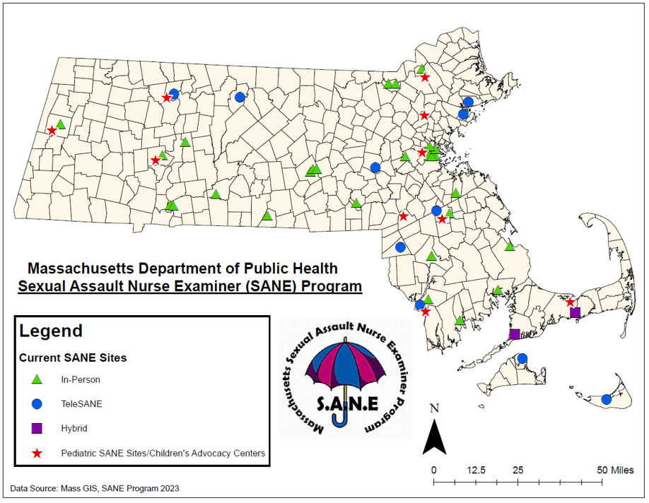 Map of MA SANE Site and Children Advocacy Centers. Map of Massachusetts is divided into 6 regioins: 1. Western, 2. Central, 3. Northeast, 4. Boston, 5. Southeast, and 6. Cape and the Islands