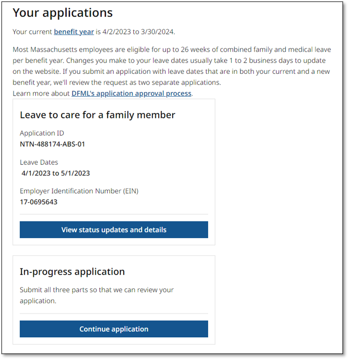 PFML Leave Application Status Page
