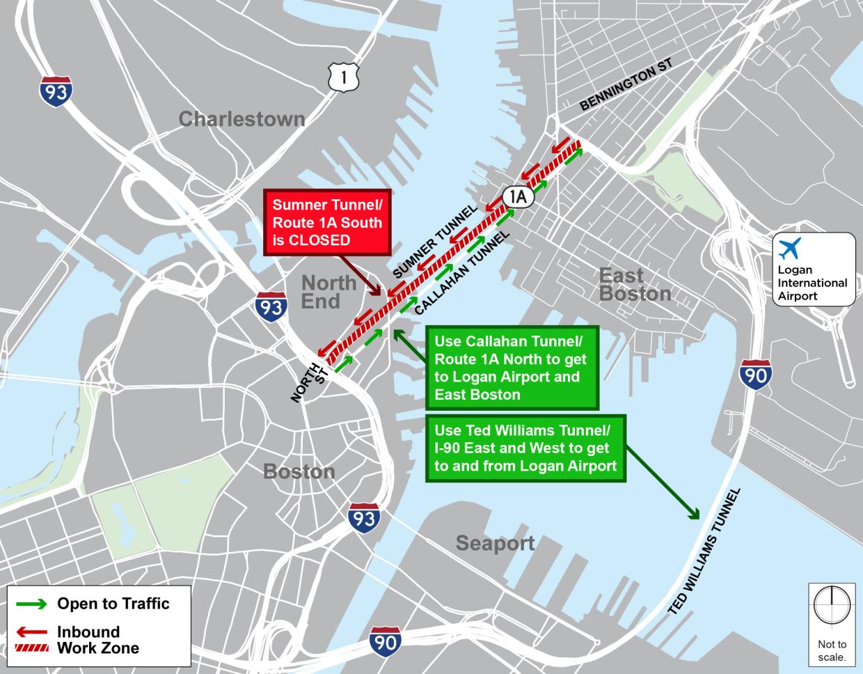 Map of Boston and Sumner Tunnel closure details. Use Callahan Tunnel/Route 1A to get to Logan Airport and East Boston. Use Ted Williams Tunnel/I-90 East and West to get to and from Logan Airport.