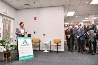 Executive Office of Labor and Workforce Development Secretary Lauren E. Jones speaks during the grand reopening ceremony at the MassHire North Shore Career Center in Salem. 7/10/23