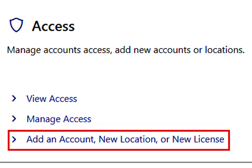 MassTaxConnect Access screen: Add an account, new location or license