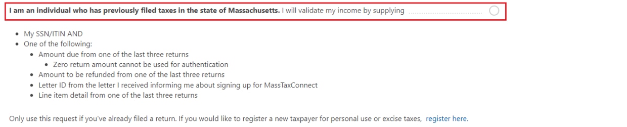 MassTaxConnect screenshot of I am an individual who has previously filed taxes in MA.