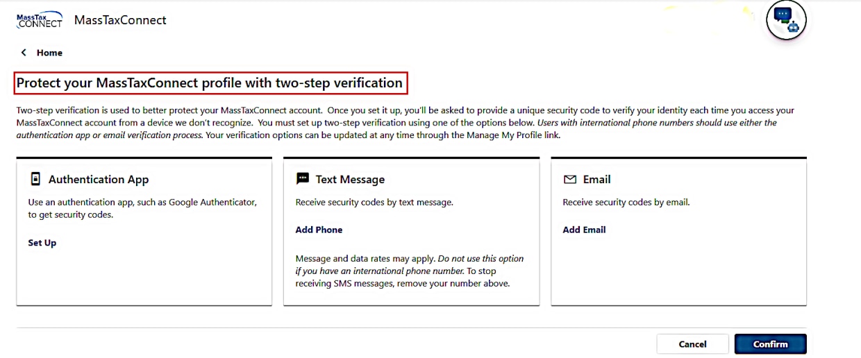MassTaxConnect two-step verification screen