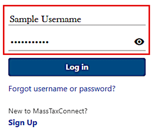 MassTaxConnect homepage Log in with username and password filled in