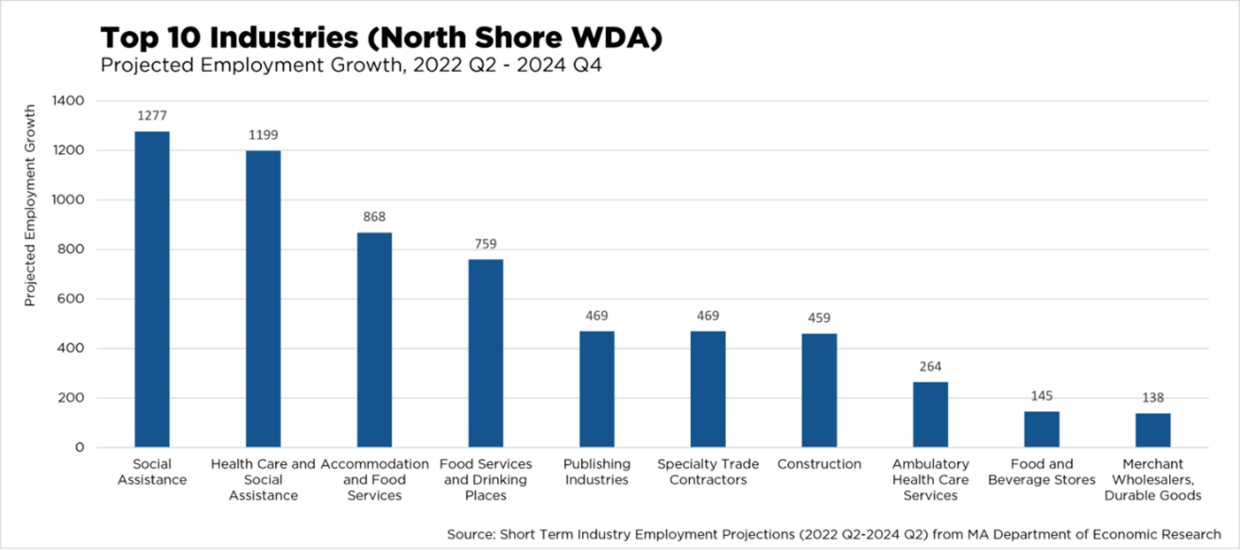 Top 10 Industries (North Shore WDA) Projected Employment Growth, 2022 Q2 - 2024 Q4. Social Assistance and Health Care are the top two industries. 