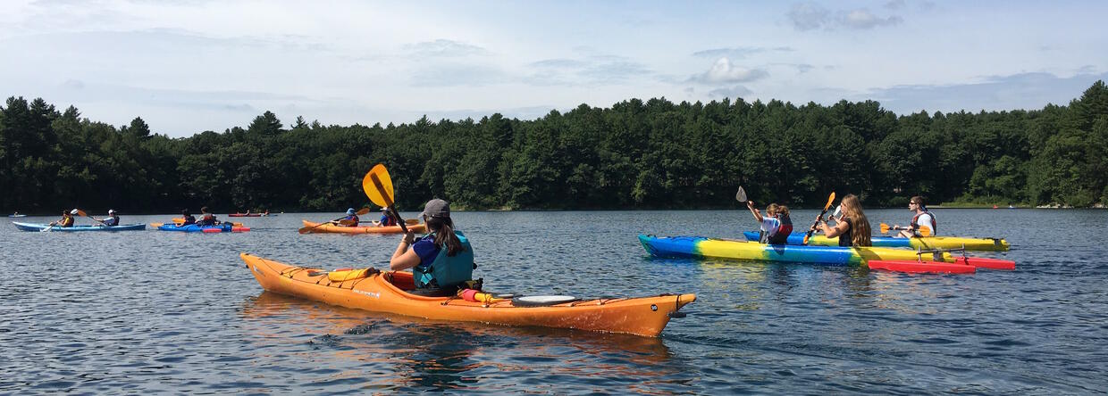 A group of tandem kayakers on the water in front of a wooded tree line. Some of the kayaks have outriggers on them.