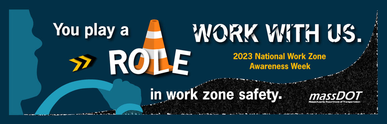 first place winning billboard - showing illustrated driver with hand on wheel, safety cone and blacktop-like background