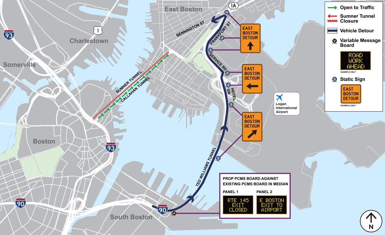 Detour map of the East Boston local detour route. Message boards are displayed at the entrance of the Ted Williams Tunnel when the route 145 (Bennington Street) exit is closed. Additional signs are placed marking the detour route.