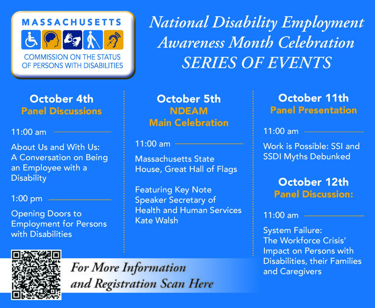 Picture of the National Disability Employment Awareness Month Celebration Series of Events and Schedule flier on light blue background and white font. Includes the Commission’s logo on the top left corner and a QR code to access registration links on the bottom left corner.