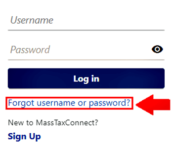 MassTaxConnect homepage Forgot username or password? link