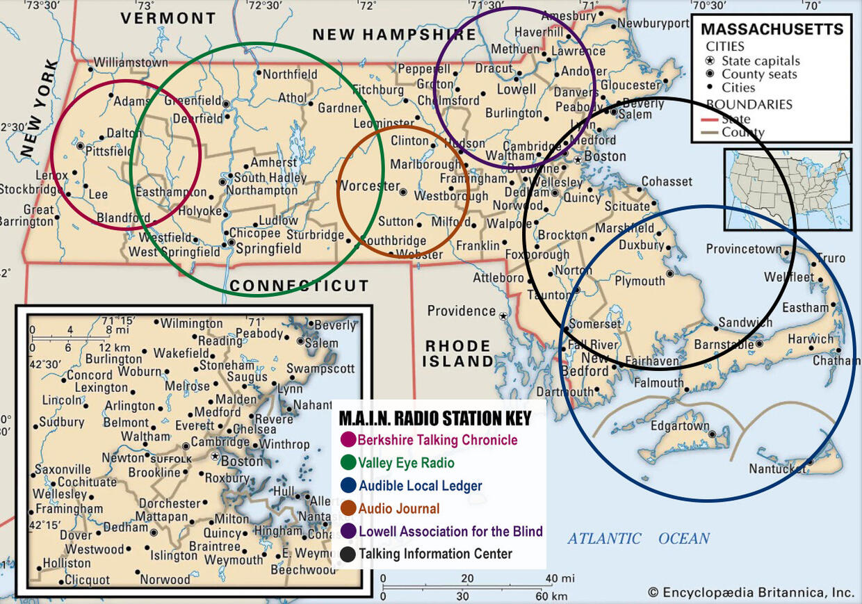 A photo of the Massachusetts Audio Information Network coverage map