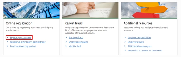 A picture of the Unemployment Services for Employers system showing users where to click to register a business. 