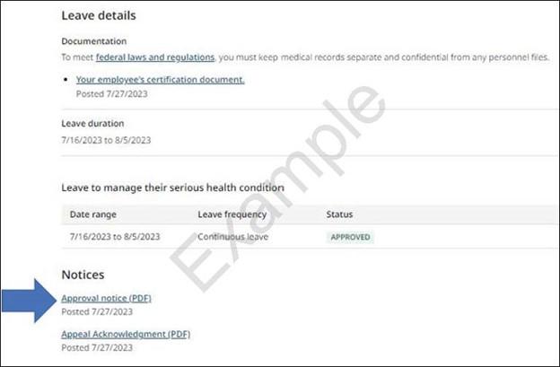 screenshot of where a Leave Administrator would find the link to the Approval Notice on the Employer Application Website.  