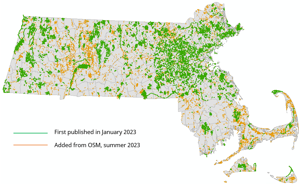 Map showing trails added from OSM in summer of 2023