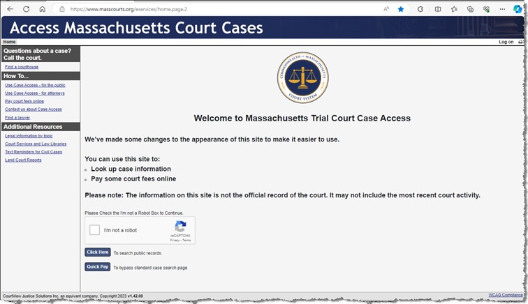 Home screen for Trial Court Case Access