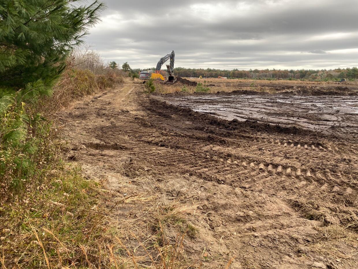 An excavator at the Mattapoisett Bogs Restoration site.