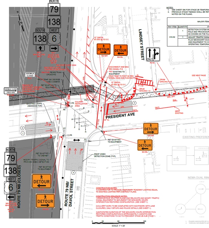 Drawing for the reconfiguration project at President Avenue and Davol Street Northbound, showing detour pedestrian routes.