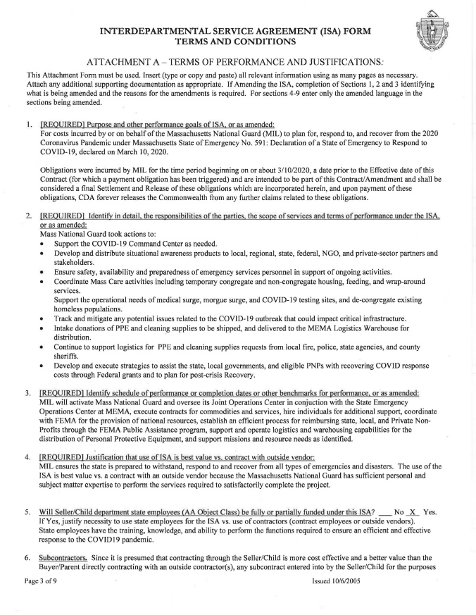 o	Image: This is an excerpt from MIL’s original fiscal year 2020 ISA with A&F (specifically, it shows Attachment A from the ISA). This excerpt includes details such as the performance goals and the responsibilities of each party involved.