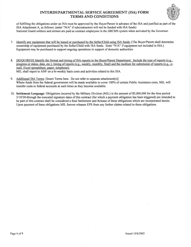 o	Image: This is the continuation of the Attachment A from MIL’s original fiscal year 2020 ISA with A&F. This excerpt includes details such as MIL’s reporting responsibilities.