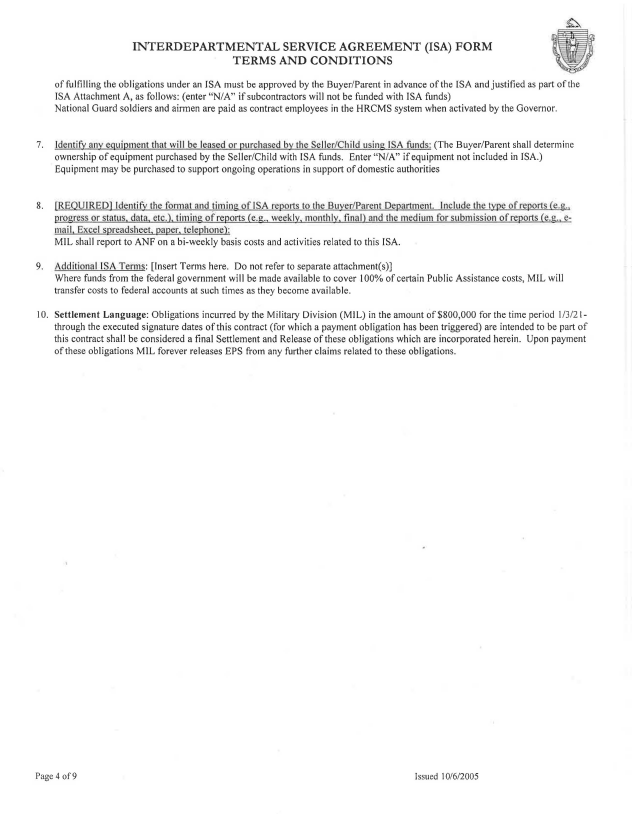 o	Image: This is the continuation of the Attachment A from MIL’s original fiscal year 2021 ISA with A&F. This excerpt includes details such as MIL’s reporting responsibilities.