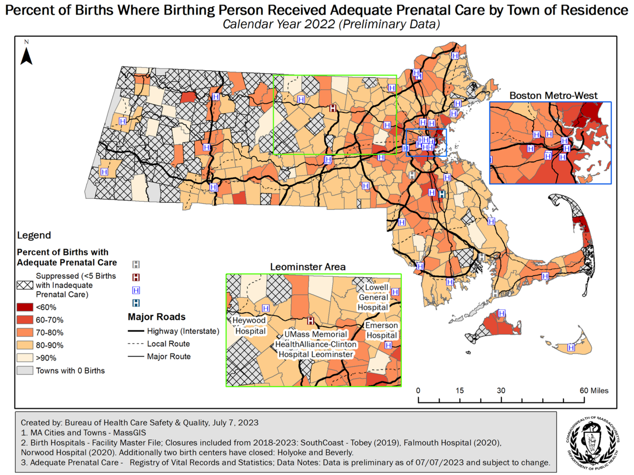 Figure 1: Percent of Births where Birthing Person Recieved Adequate Prenatal Care by Town of Residence