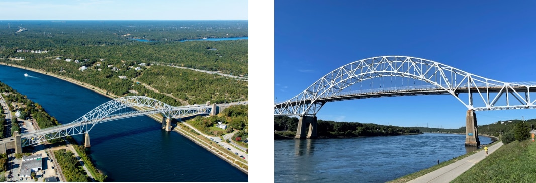 Two views of the Cape Bridges. One from above and one from below. 