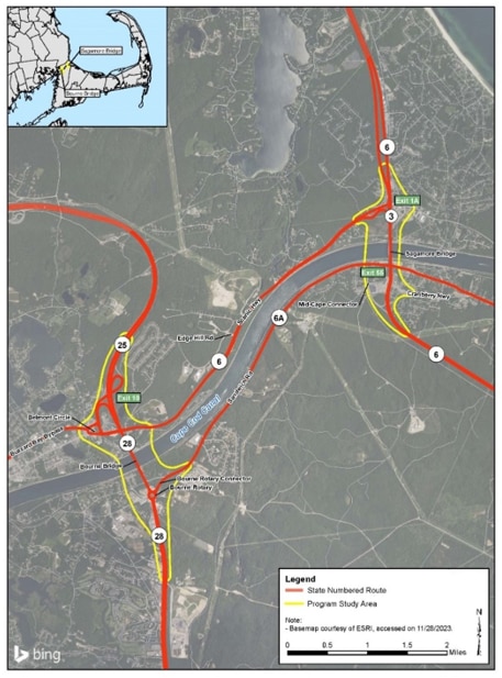 Map of Program Study Areas around the Sagamore and Bourne bridges, plus local roadways and landmarks.
