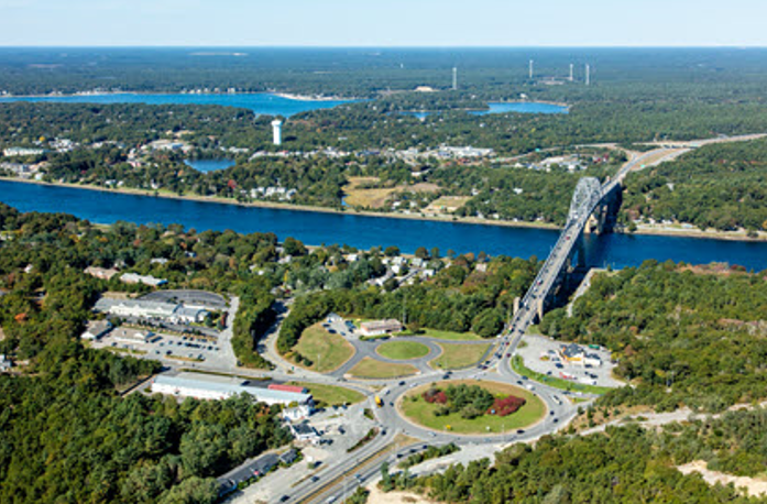 Overhead view of project site showing the bridge, water and local roadways