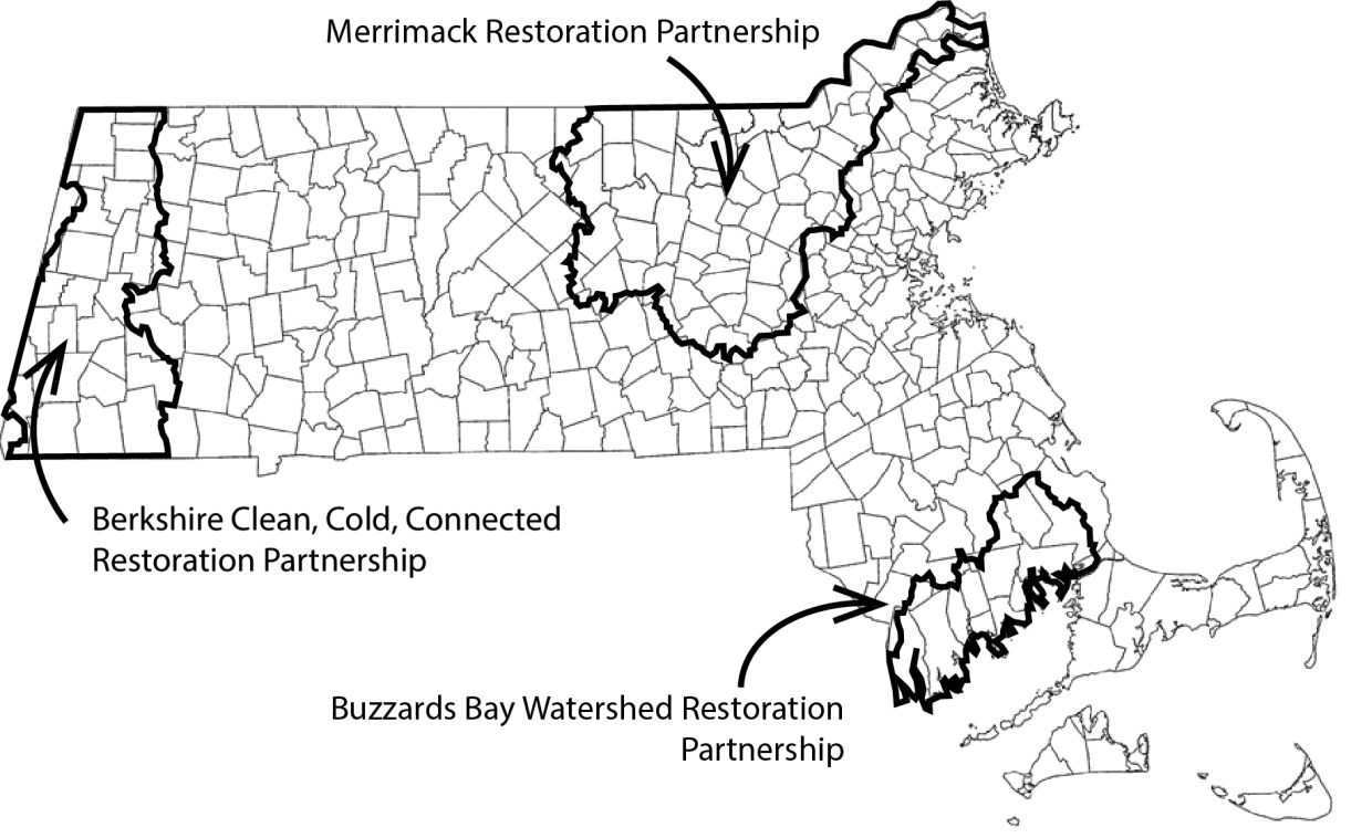 A map of Massachusetts with the locations of the three Restoration Partnerships highlighted.