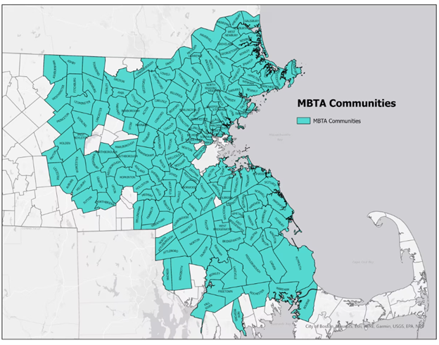 Map of Massachusetts demonstrating the location of MBTA Communities in the state