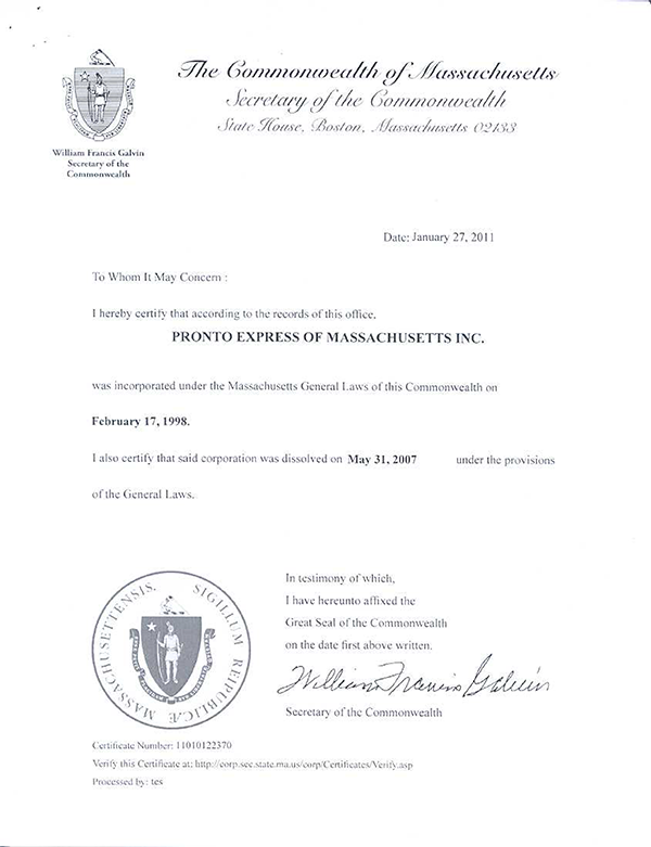 Sample certificate - Pronto Express of Massachusetts Inc.