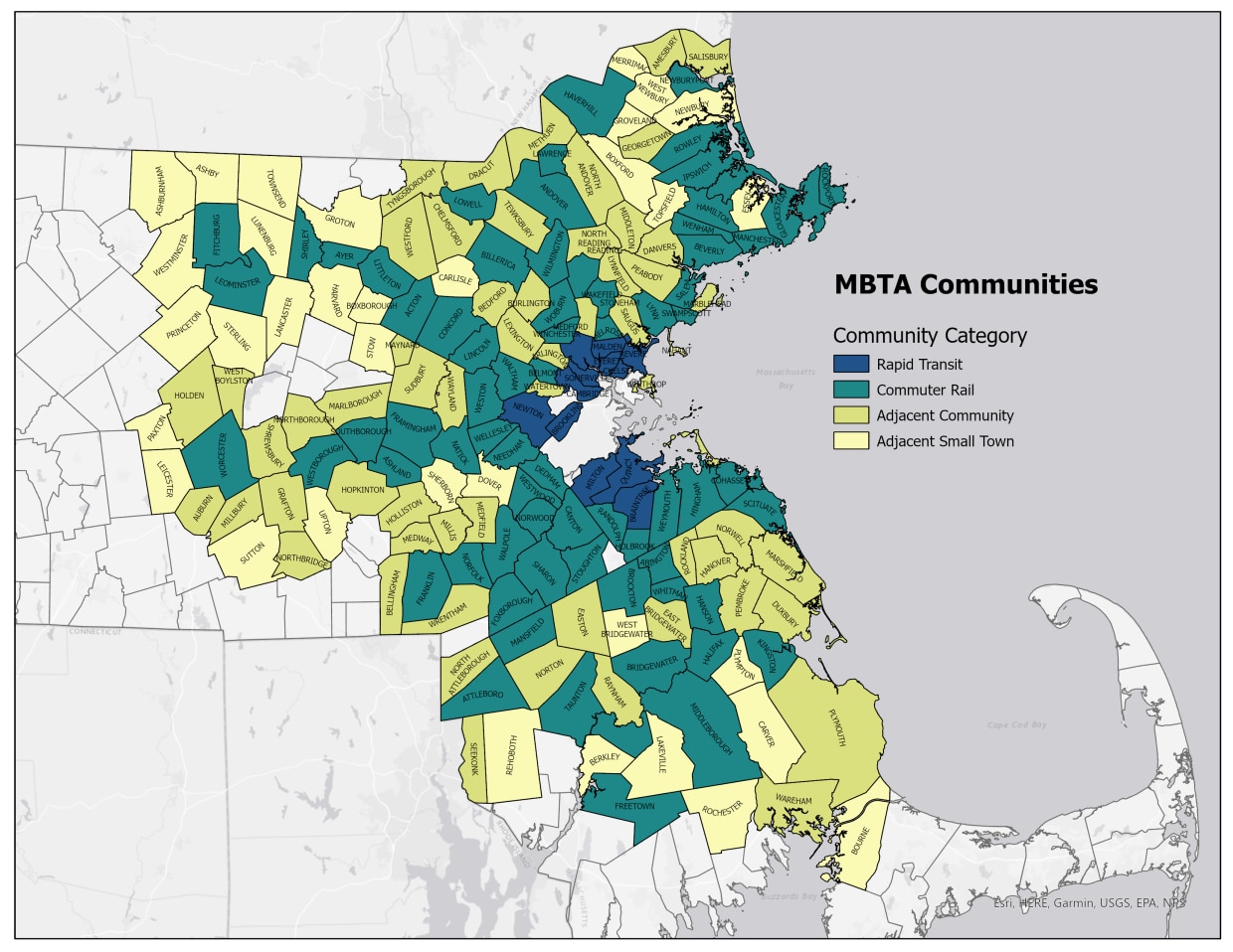 Map of all 177 MBTA communities pictured by category.