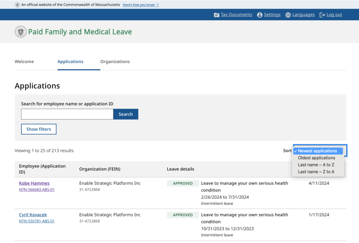 PFML Leave Administrator Dashboard sort function