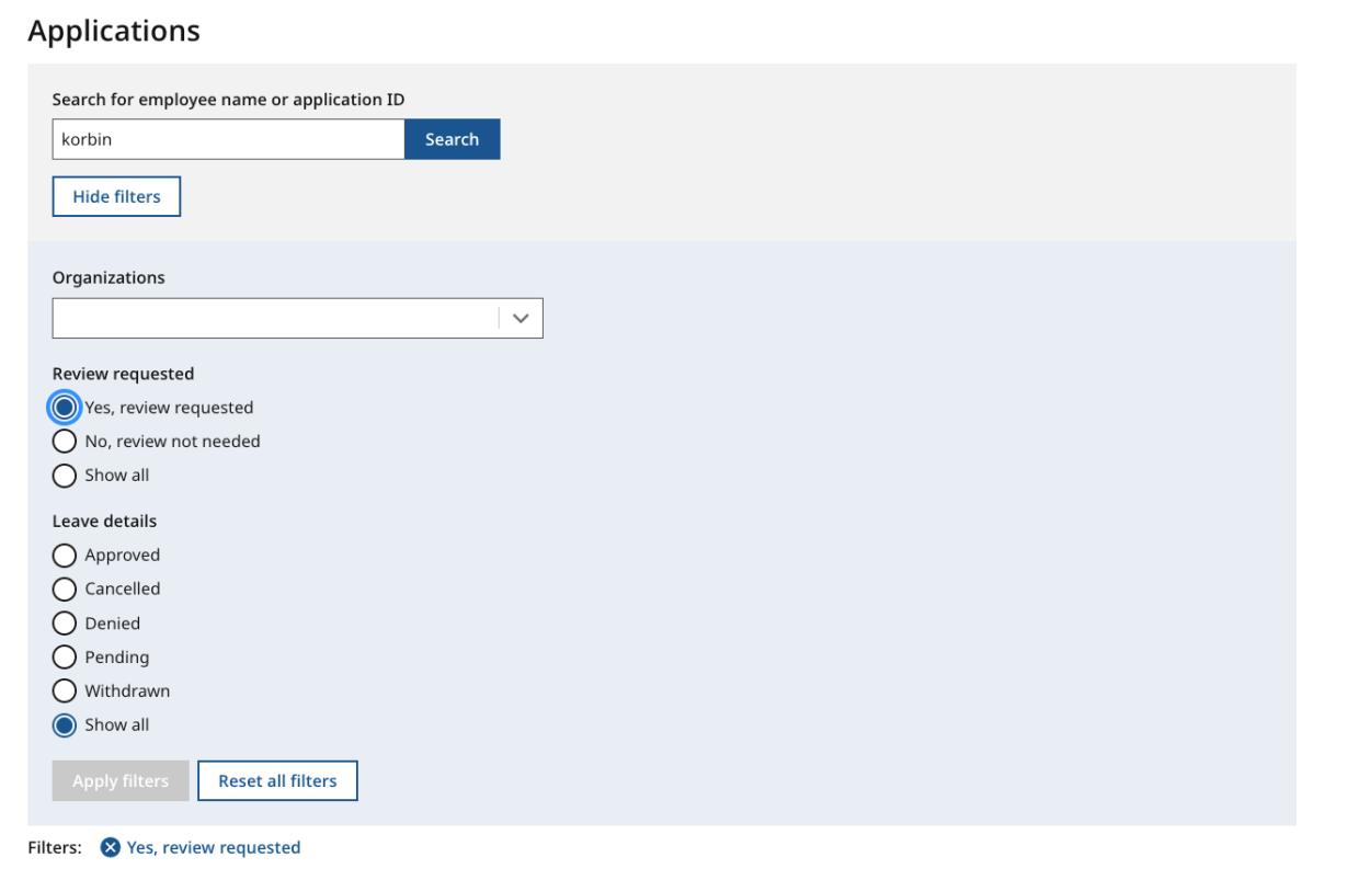 PFML Leave Administrator Dashboard sort by status