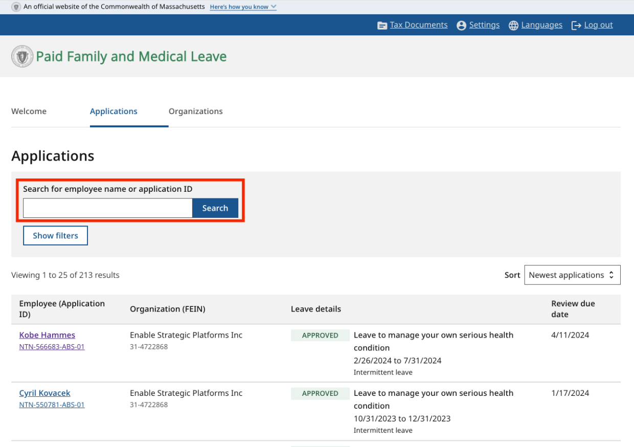 PFML Leave Administrator Dashboard search by name