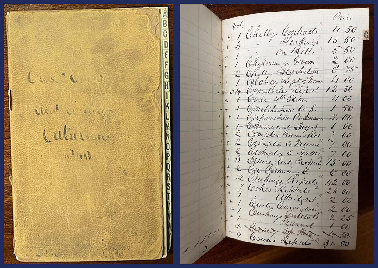 Images of front cover and handwritten page from 1860 book catalog