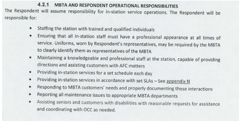 The following are images that further describe appendix A, the MBTA's request for proposal no. 41-17 for in-station customer service.