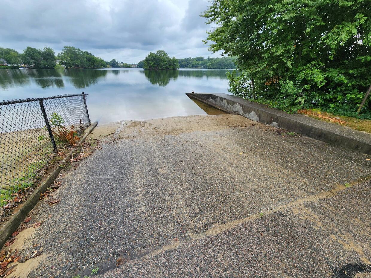 Boat ramp for Falls Pond at the end of Barbara Road.