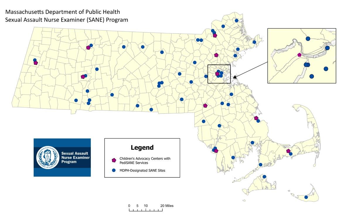 Map of MA SANE Site and Children Advocacy Centers. Map of Massachusetts is divided into 6 regioins: 1. Western, 2. Central, 3. Northeast, 4. Boston, 5. Southeast, and 6. Cape and the Islands