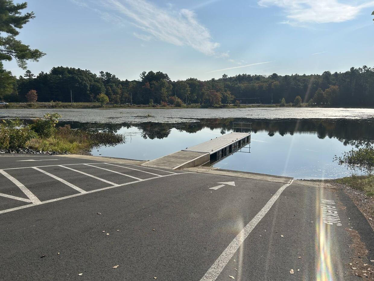 A view of the pond from the paved boat ramp on a sunny day